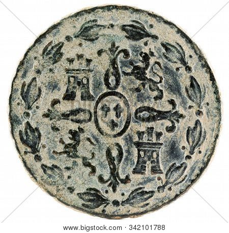 Ancient Spanish Copper Coin Of The King Fernando Vii. 1833. Coined In Segovia. 4 Maravedis. Reverse.