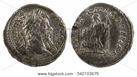 Ancient Roman Silver Denarius Coin Of Emperor Septimius Severus.
