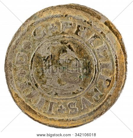 Ancient Spanish Copper Coin Of King Felipe Iv. 1663. Coined In Segovia. !6 Maravedis. Obverse.