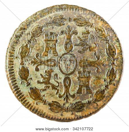 Ancient Spanish Copper Coin Of The King Carlos Iv. 1802. Coined In Segovia. 8 Maravedis. Reverse.