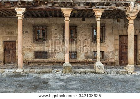 Typical Street With Arcades In The Historical Town Of Pedraza. Segovia. Spain.