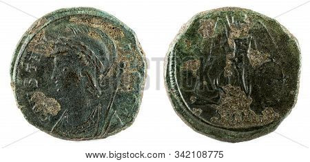 Ancient Roman Copper Coin Of Constantinopolis. Macro.