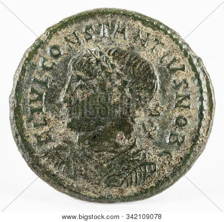 Ancient Roman Copper Coin Of Emperor Constantius Ii. Obverse.