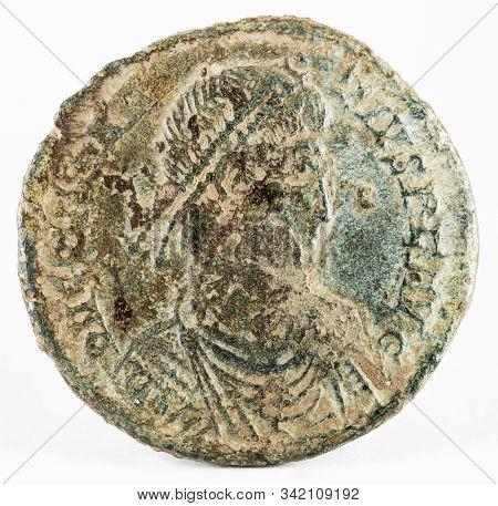 Ancient Roman Copper Coin Of Emperor Constantius Ii. Obverse.