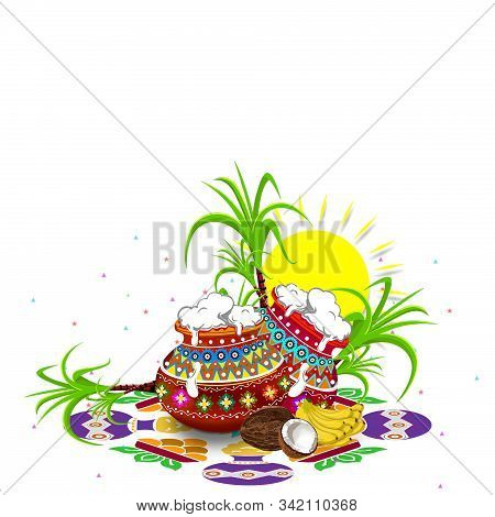 Illustration Of Happy Pongal Greeting Card Background. Happy Pongal Religious Festival Of South Indi