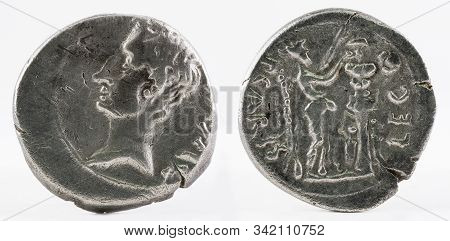 Ancient Roman Silver Quinarius Coin Of Emerita Augusta. Coined By Emperor Augustus.