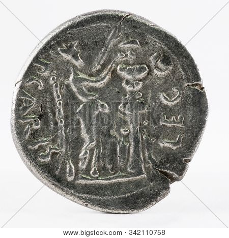 Ancient Roman Silver Quinarius Coin Of Emerita Augusta. Coined By Emperor Augustus. Reverse.
