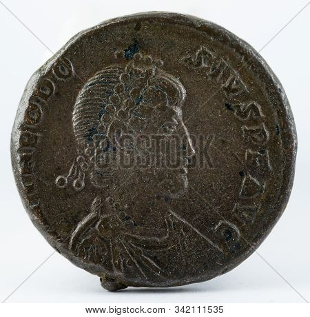 Ancient Roman Copper Coin Of Theodosius. Obverse.