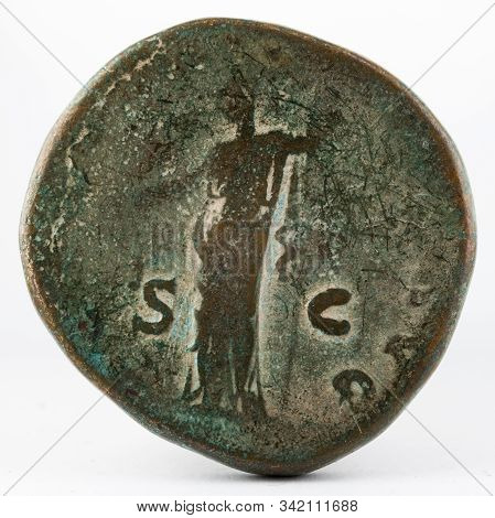Ancient Roman Bronze Sertertius Coin Of Emperor Hadrian.