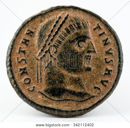 Ancient Roman Copper Coin Of Emperor Constantinus I Magnus. Obverse.