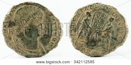Ancient Roman Copper Coin Of Emperor Magnentius.
