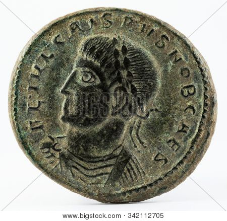 Ancient Roman Copper Coin Of Emperor Crispus. Obverse.