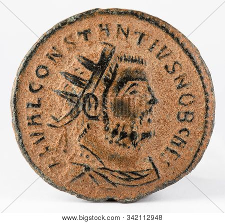 Antoninianus. Ancient Roman Copper Coin Of Emperor Constantius Chlorus. Obverse.