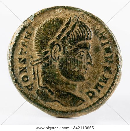 Ancient Roman Copper Coin Of Emperor Constantinus I Magnus. Obverse.