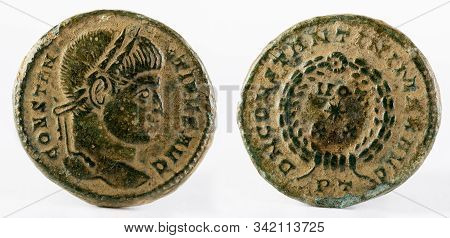 Ancient Roman Copper Coin Of Emperor Constantinus I Magnus.