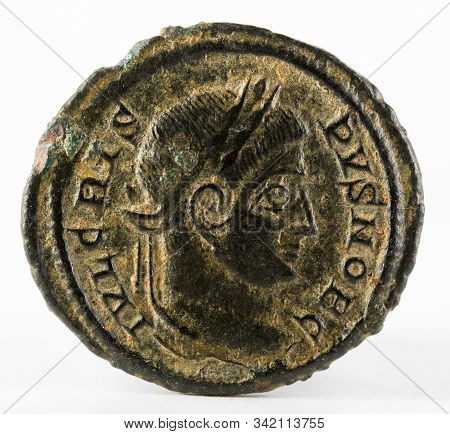 Ancient Roman Copper Coin Of Emperor Crispus. Obverse.