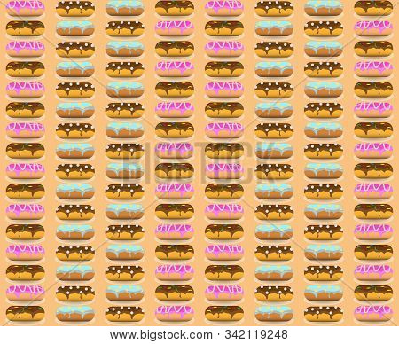 Sweet Donuts With Different Decor On Light Napkins On Warm Orange Background. View From Side, In Bak
