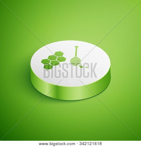 Isometric Honeycomb With Honey Dipper Stickicon Isolated On Green Background. Honey Ladle. Honey Cel