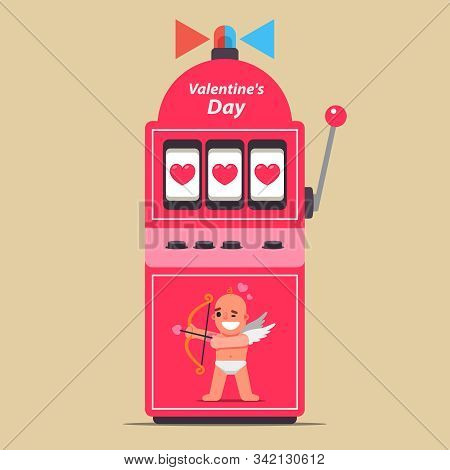 Slot Machine For Valentines Day. Win Love. Hit The Big Jackpot In A Relationship. Flat Vector Illust