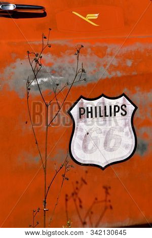 Downer, Minnesota, October 6, 2019: An Old Gas Delivery Truck Bearing The Logo Represents Phillips 6