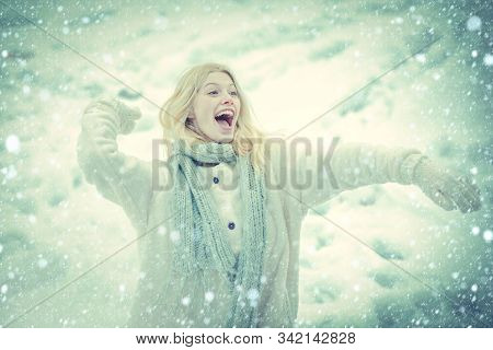 Winter Snow Blue Toned. Beautiful Young Woman In Winter. Season Of Winter. Wintertime. Snowball And 