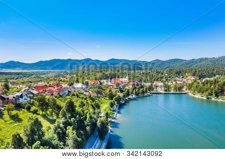 Croatia, Beautiful Town Of Fuzine On Lake Bajer, Gorski Kotar Region, Aerial View From Drone