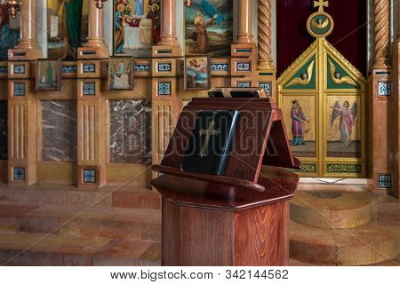 Jerusalem, Israel, December 28, 2018 : Holy Book Stand For Prayer In The St. Nicholas Church In Bay 
