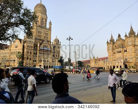 Mumbai, India - April, 2017: Cityscape Of Mumbai Near Chhatrapati Shivaji Maharaj Terminus Railway S