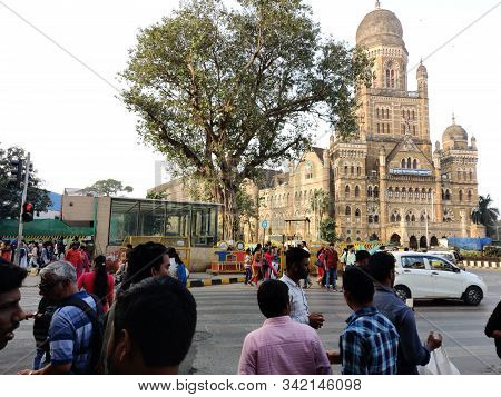 Mumbai, India - April, 2017: Cityscape Of Mumbai Near Chhatrapati Shivaji Maharaj Terminus Railway S