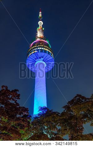 Seoul, South Korea-27 Apr 2019: Seoul Tower At Night In Namsan Mountain