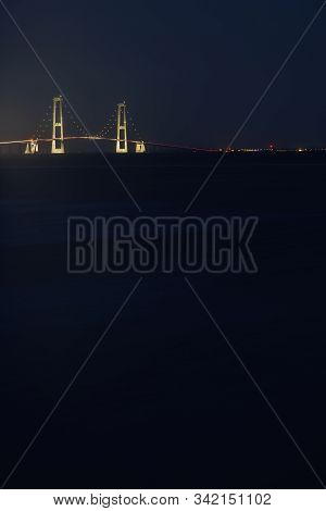 The Bridge Across The Great Belt - The Storebaelt Bridge In Denmark, Night Time.