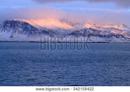 Faxafloi Harbor Reykjavik Iceland Winter Sunrise Upon The Mountain
