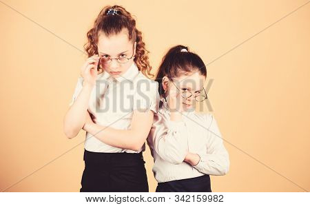 Confident Students. Friendship Forever. Back To School. Study Concept. Smart Small Girls At Lesson. 