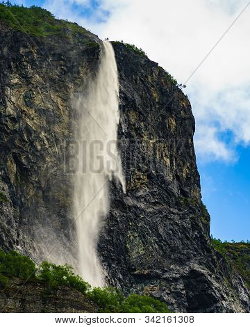Kjelfossen Waterfalls Kjell Falls Seen From Gudvangen Village, Sogn Og Fjordane, Norway. Waterfall I
