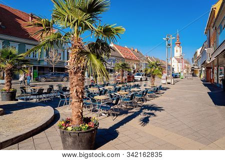 Palms Trees At Street Cafe With Church In Leibnitz Austria