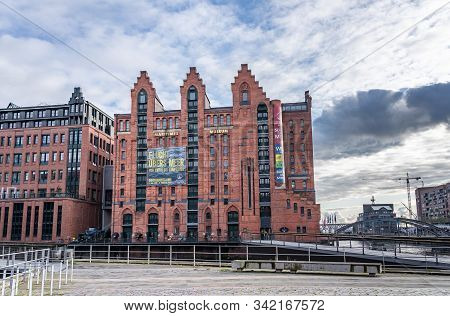 Hamburg, Germany - November 9, 2019: Neo-gothic Red Brick Maritime Museum In Hamburg Habor Area With