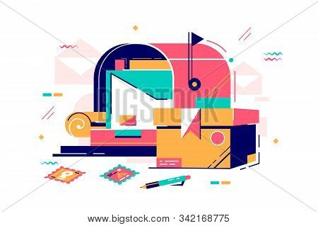Mailbox And Letters With Postage Stamp Illustration. Public Box With Slot Into Which Mail With Place