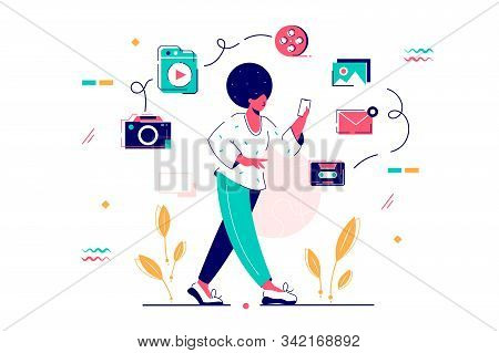 Young African American Woman With Afro Hairstyle And Smartphone. Isolated Concept Diverse Girl Chara