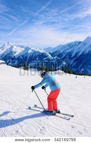 Woman Skier Skiing On Penken Park In Tyrol In Austria