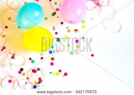 Festive Party Or Carnival Confetti With Baloons On White Background
