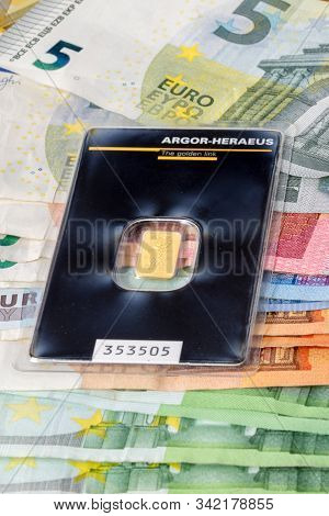 Pruszcz Gdanski, Poland - December 29, 2019: Argor-heraeus 1 Gram Of Fine Gold 999,9. Gold Bar Weigh