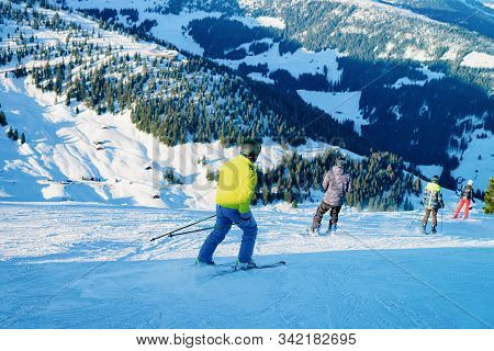 People Skier Skiing On Penken Park In Tyrol In Austria