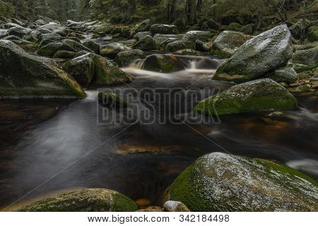 Vydra River In Winter Cold Day In National Park Sumava
