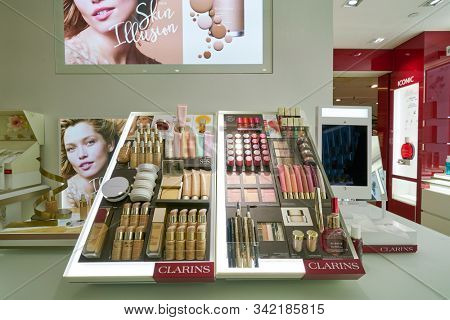 HONG KONG, CHINA - CIRCA JANUARY, 2019: personal care products on display at Clarins store in New Town Plaza shopping mall