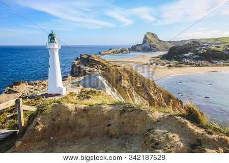 Beautiful View Over Landscape At Castlepoint Lighthouse, North Island, New Zealand