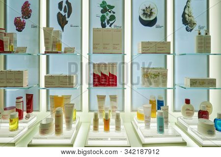 HONG KONG, CHINA - CIRCA JANUARY, 2019: personal care products on display at Clarins store in New Town Plaza shopping mall