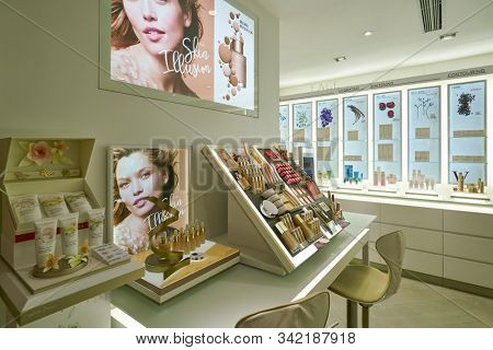 HONG KONG, CHINA - CIRCA JANUARY, 2019: personal care products on display at Clarins store in New Town Plaza shopping mall