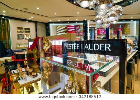 HONG KONG, CHINA - CIRCA JANUARY, 2019: personal care products on display at Estee Lauder store in New Town Plaza shopping mall