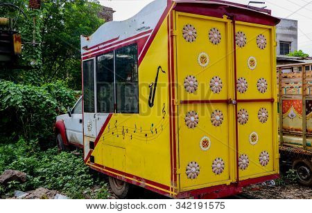 Aurangabad, Maharashtra, India - August 15 2019: Parked Mobile Music Vehicle Brass Band