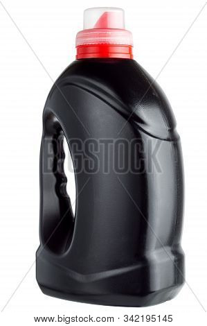 Black Plastic Bottle, Unlabel Canister With The Handle Anda Red Measured Cover, 3/4 View Isolated On
